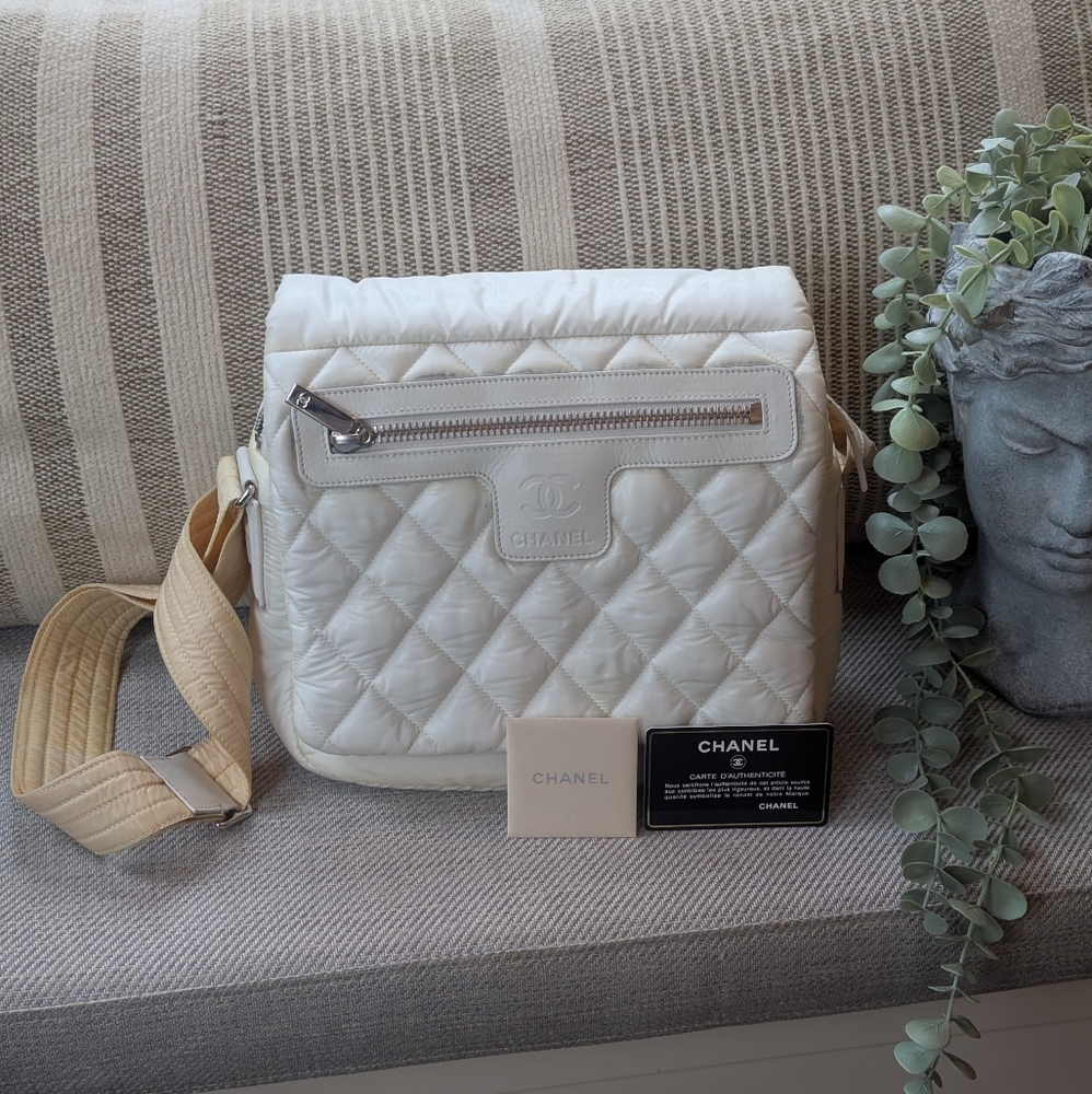 Authentic Chanel Coco Cocoon Crossbody Sports Bag Off White Quilted Puffer Nylon